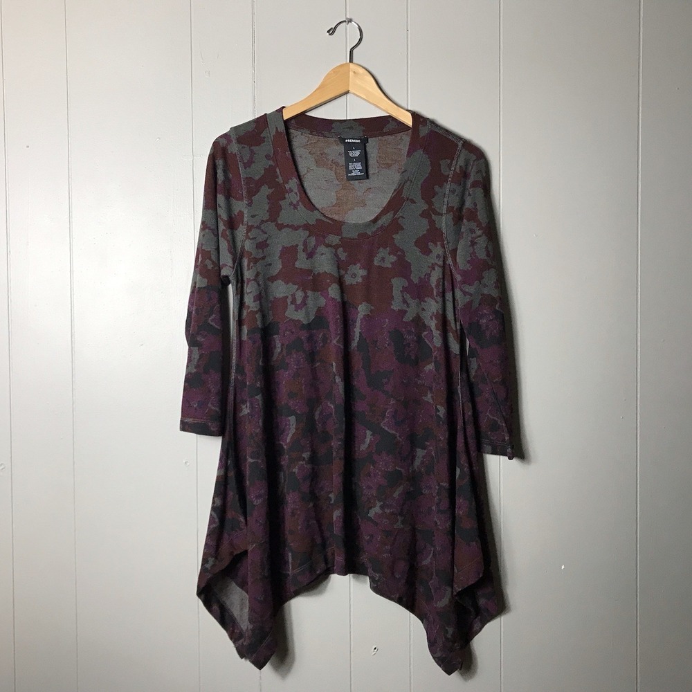 PREMISE BOURDEAU RED ABSTRACT FLORAL PRINT TUNIC ASYMETRICAL HEM WOMENS LARGE